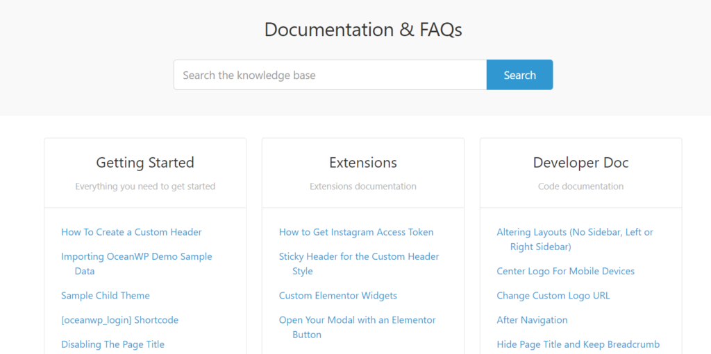 free WordPress theme OceanWP documentation